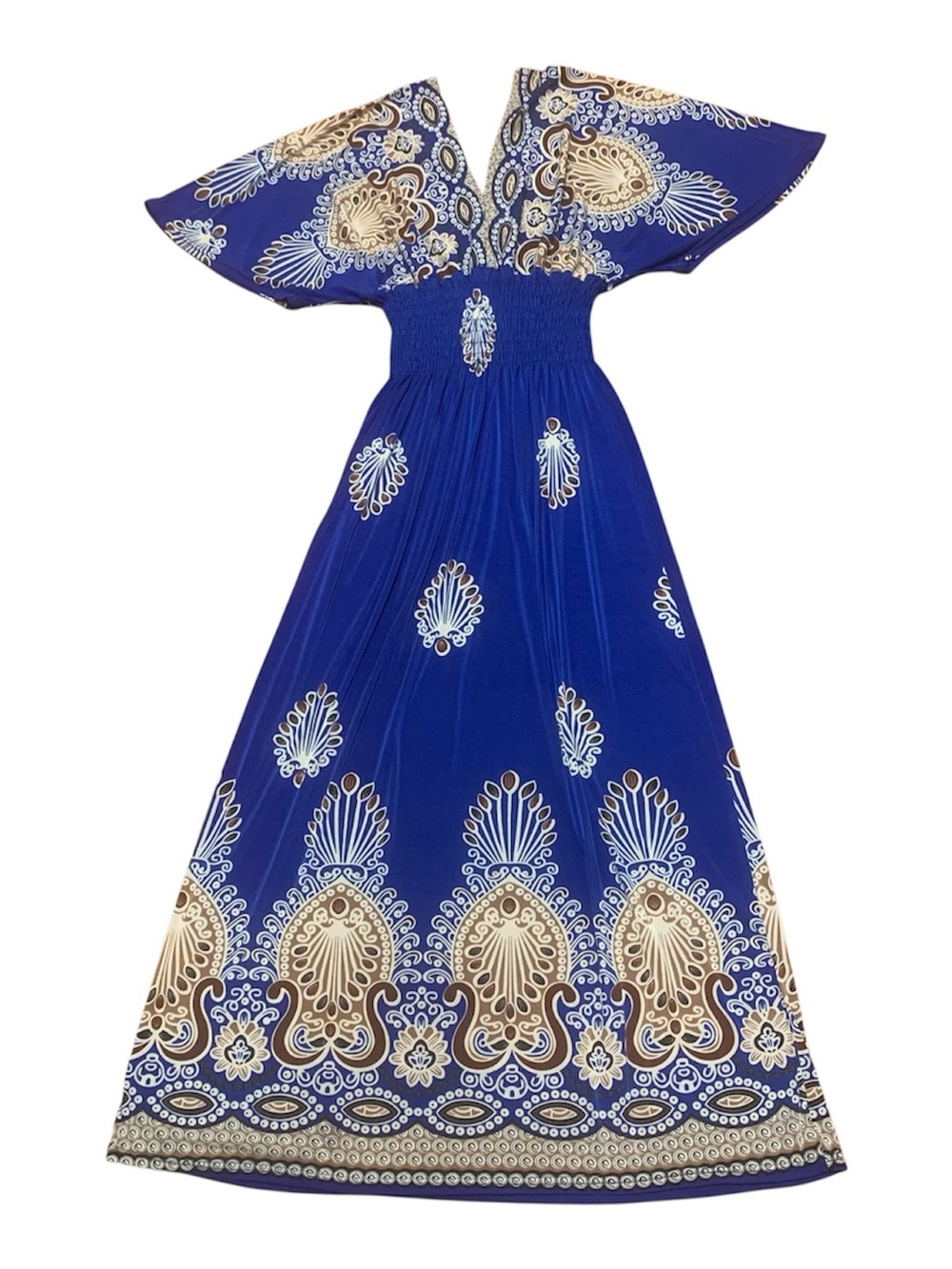 Women’s L Paisley royal blue maxi sundress flutter sleeves elastic waist Stretch